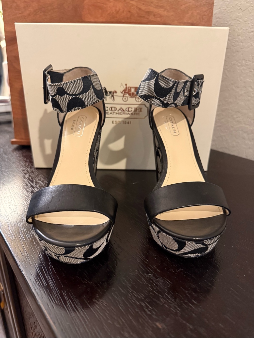 Coach Black Leather & Signature Canvas Platform Sandals